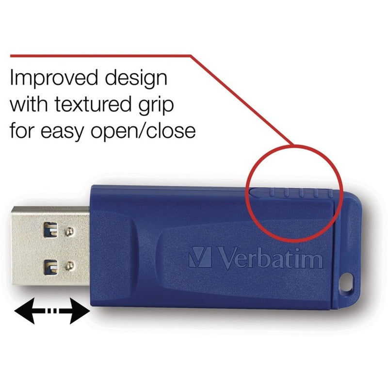 Detailed view of Verbatim USB drive's textured grip surface with usage instructions