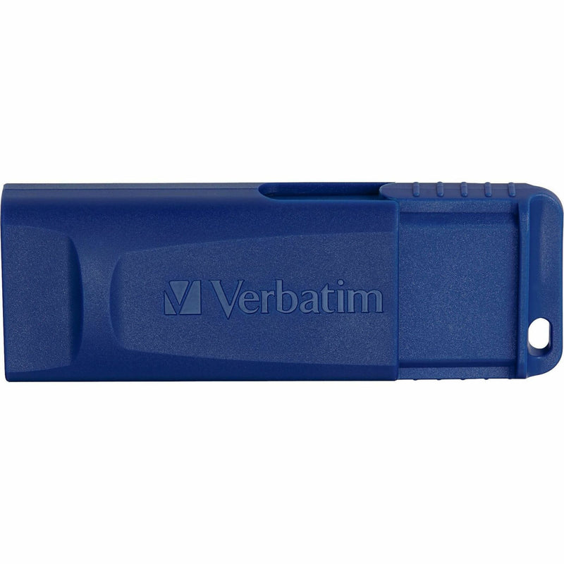 Profile view of blue Verbatim USB drive showing slim design