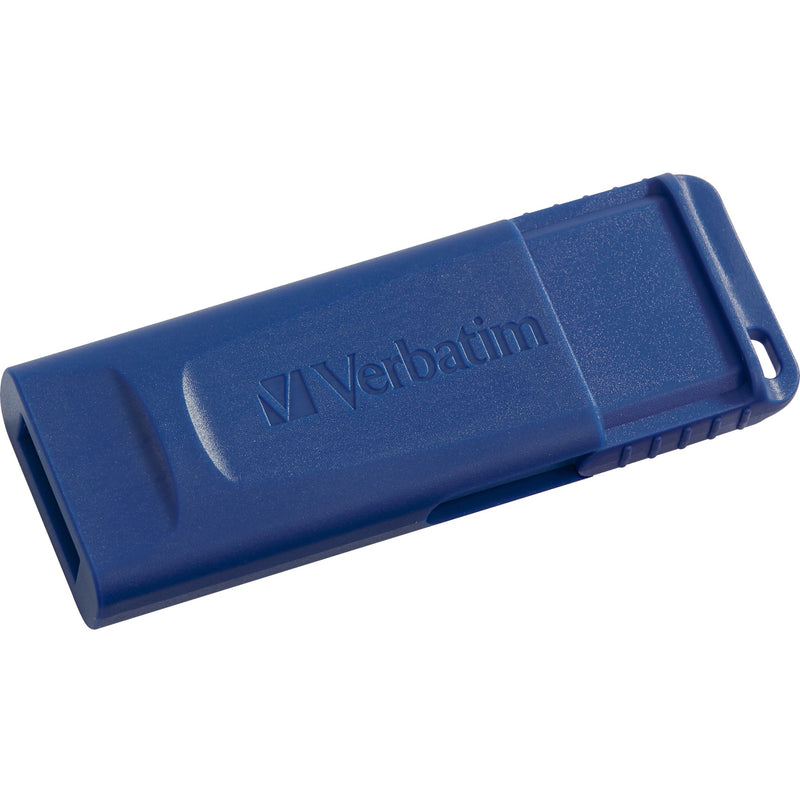 Side view of blue Verbatim USB drive showing textured grip surface