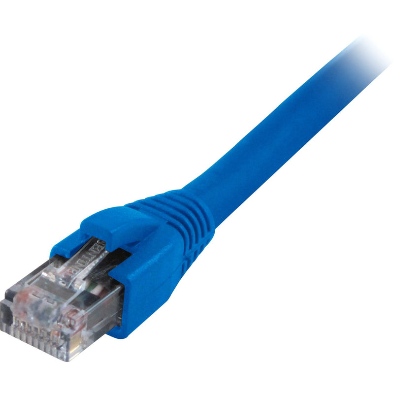 Close-up view of Cat5e cable's blue snagless boot and gold-plated RJ-45 connector with transparent housing