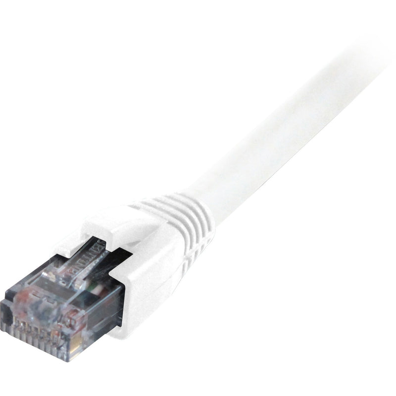 Close-up view of white Cat6 ethernet cable with clear RJ45 connector and strain relief boot