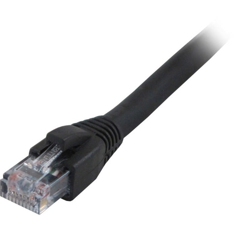 Close-up view of black Cat6 ethernet cable with transparent RJ45 connector and snagless boot design