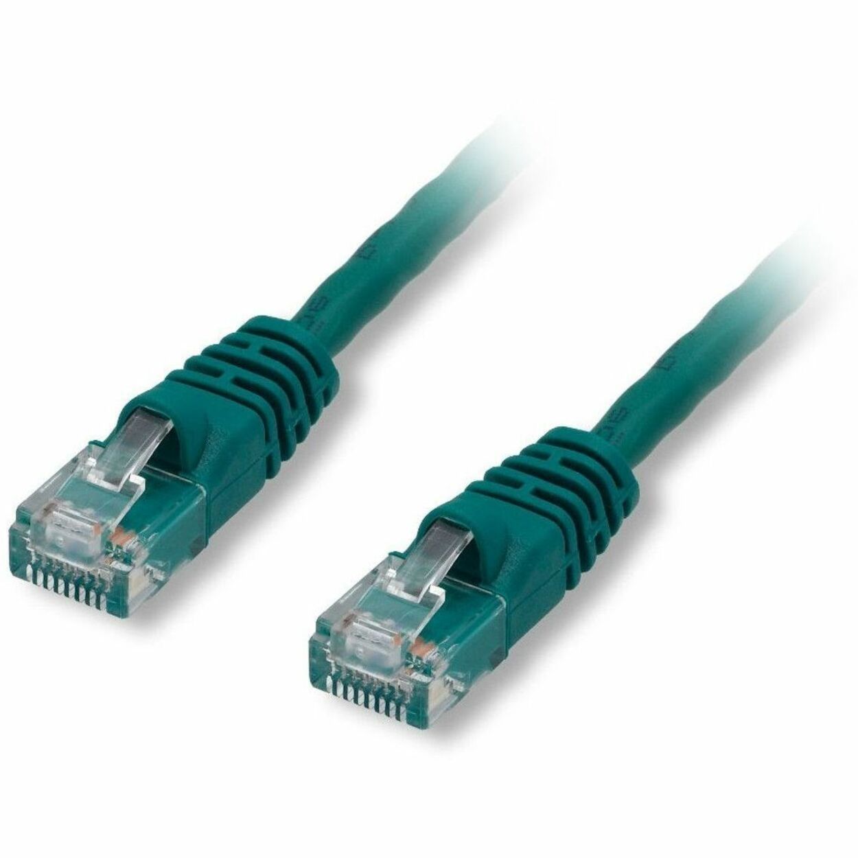 Close-up view of green Cat.6 ethernet cable showing RJ-45 connectors with gold contacts and snagless boots-alternate-image1