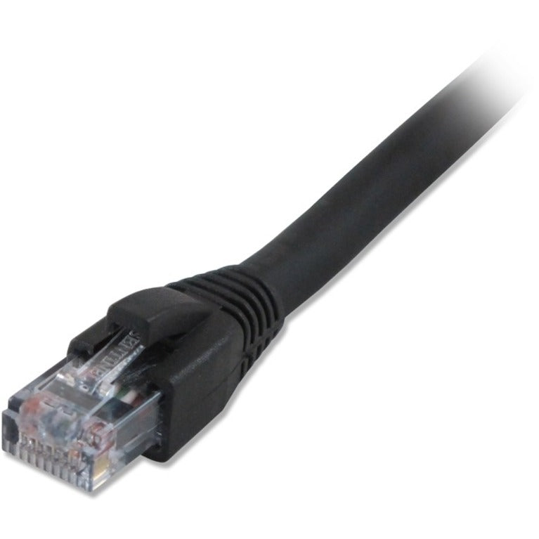 Close-up view of gold-plated RJ45 connector with snagless boot on Comprehensive CAT6 550 MHz black network cable