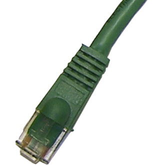 Close-up view of green Cat.6 cable's RJ-45 connector with gold-plated contacts and snagless boot design