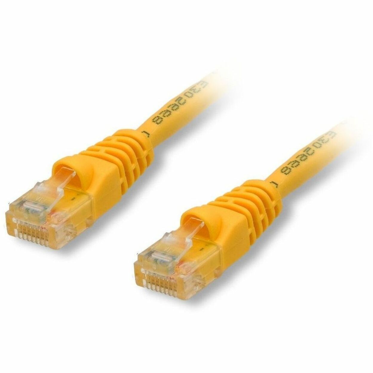 Close-up view of gold-plated RJ-45 connectors with yellow snagless boots on CAT6 patch cable-alternate-image1