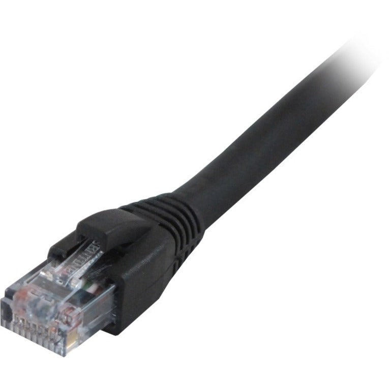 Close-up view of black Cat6 ethernet cable with transparent RJ45 connector showing gold-plated contacts