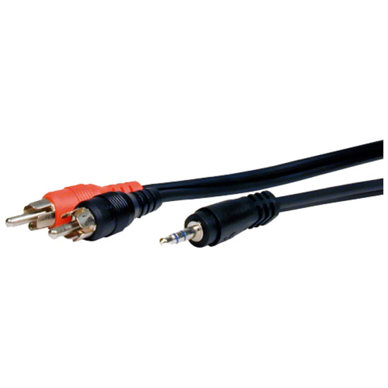 3.5mm stereo mini plug to dual RCA audio cable with black jacket and red/white connectors