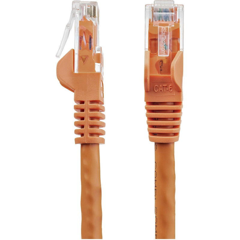 Side view of orange Cat6 cable connectors showing snagless boot design and strain relief features