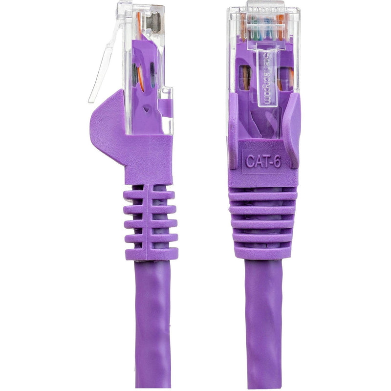 Side view comparison of two purple Cat6 cable ends showing snagless design and strain relief features