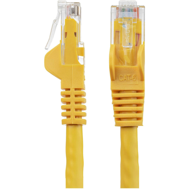 Side-by-side view of yellow Cat6 cable connectors showing snagless boot design and strain relief features