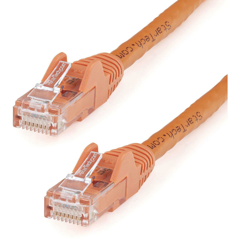 Close-up view of gold-plated RJ45 connectors on orange Cat6 ethernet cable showing clear housing and pin arrangement