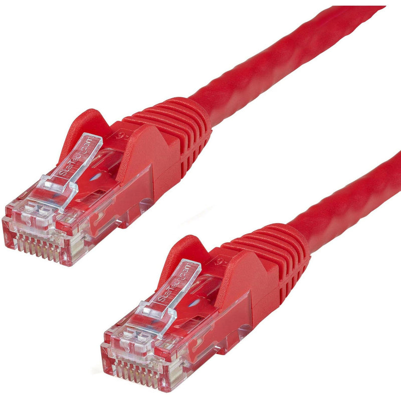 Close-up view of red Cat6 patch cable with gold-plated RJ45 connectors showing snagless boot design