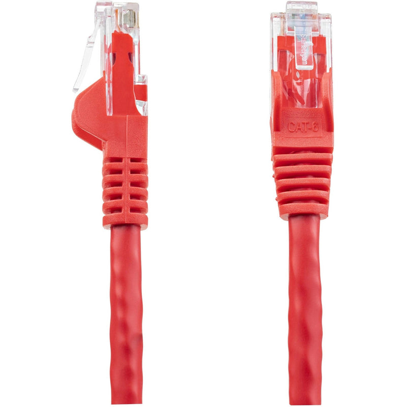 Side view of red Cat6 network cable showing strain relief and cable jacket construction