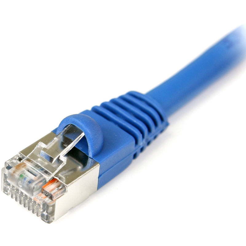 Detailed view of blue Cat5e cable connector showing strain relief boot and snagless clip design