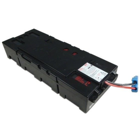 APC APCRBC116 UPS replacement battery cartridge showing black housing with power connectors and safety certification labels