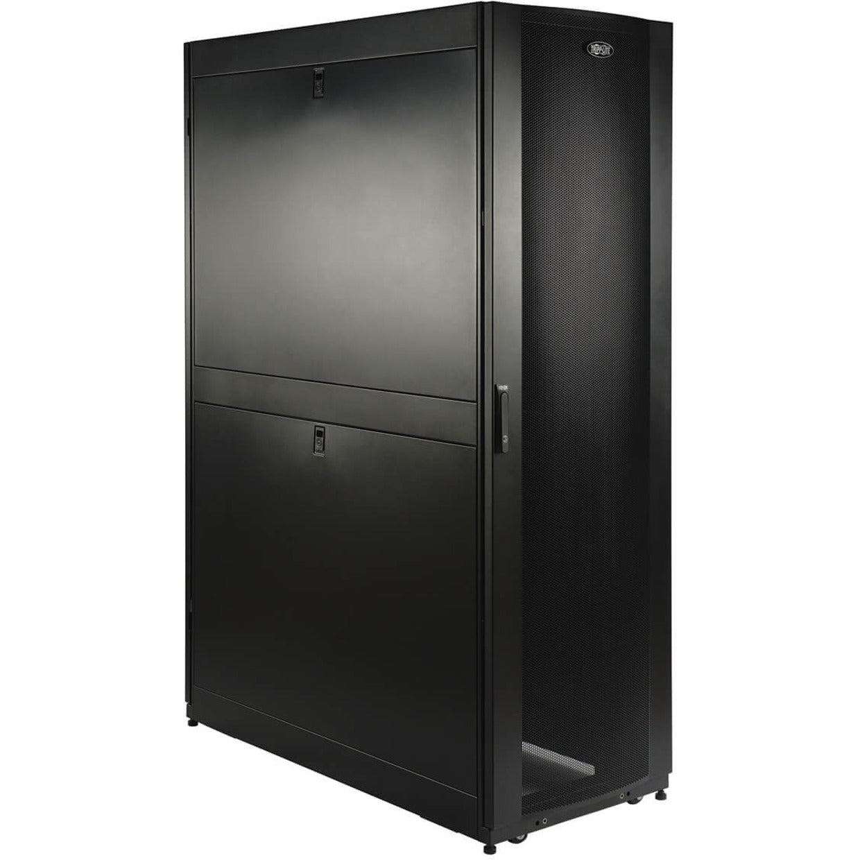 Front view of Tripp Lite SR42UBDP 42U deep rack cabinet showing solid front doors and mesh side panel-alternate-image1