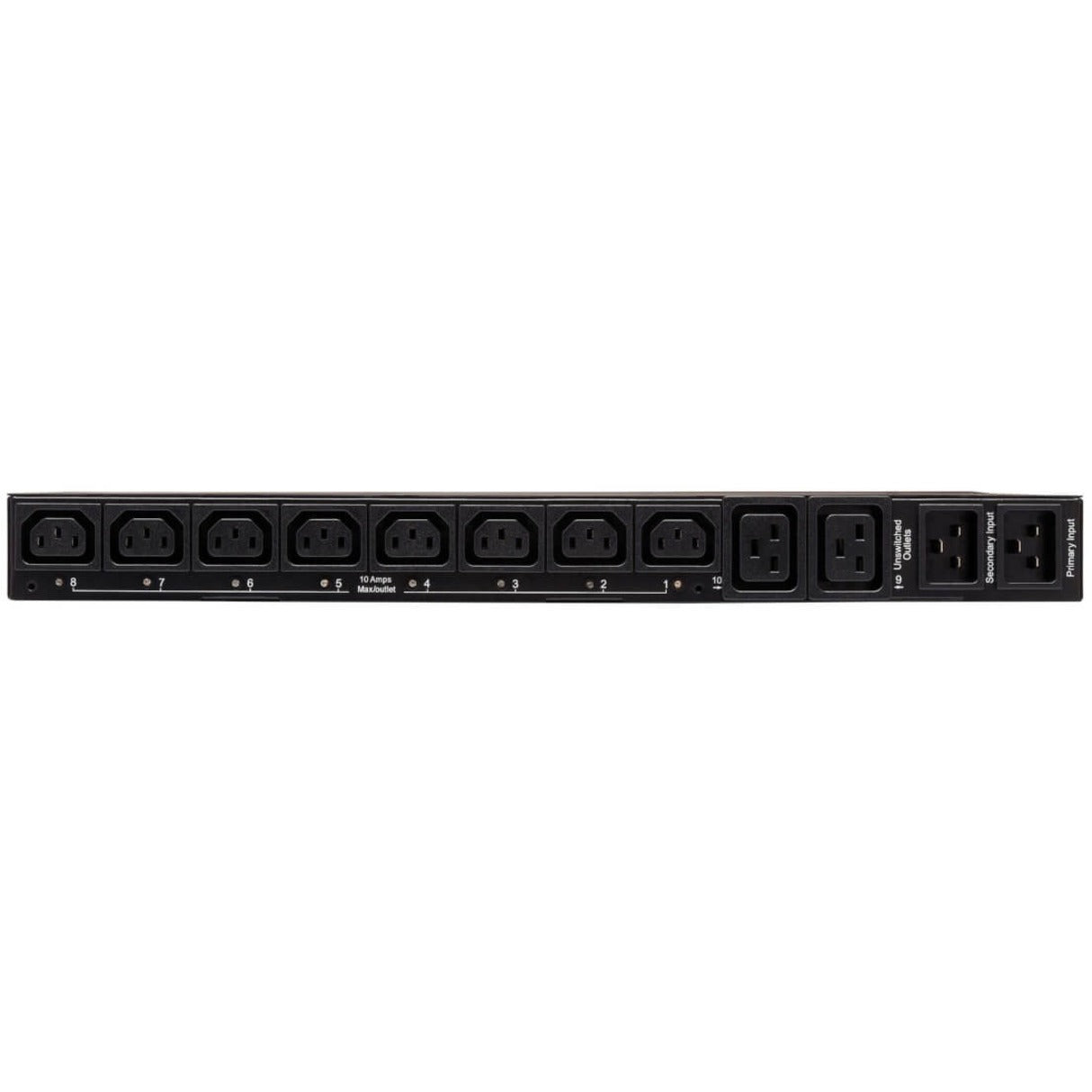 Rear view of Tripp Lite PDU showing 10 managed outlets including C13 and C19 receptacles-alternate-image2