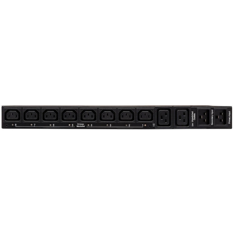 Rear view of Tripp Lite PDU showing 10 managed outlets including C13 and C19 receptacles