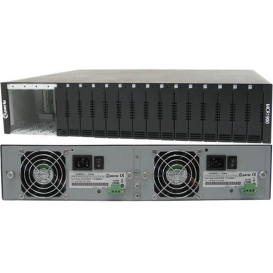 Perle MCR1900-DAC media converter chassis showing front 19 slots and rear dual redundant power supplies with cooling fans-alternate-image1