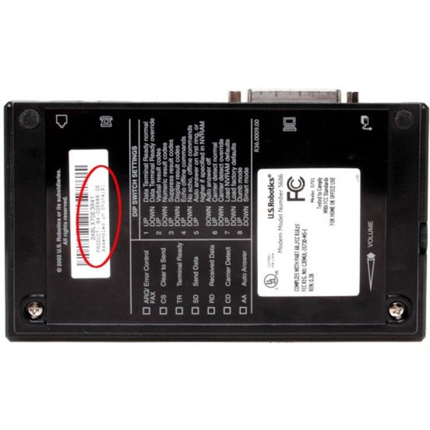 Bottom view of USRobotics modem showing technical specifications and certification information