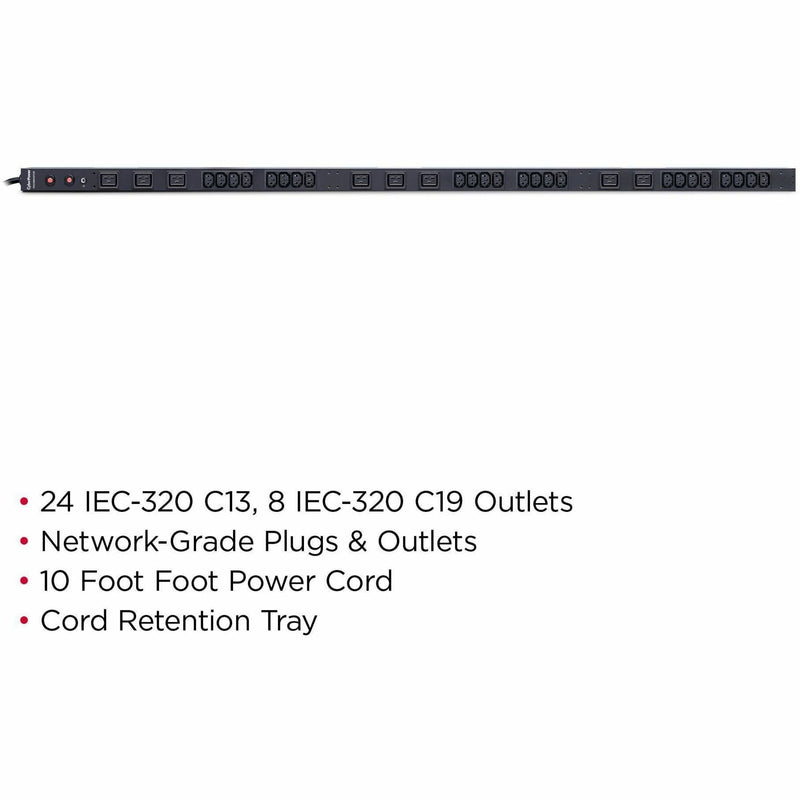 Detailed view of PDU showing outlets and cord management features