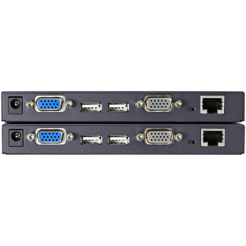 Rear view of StarTech.com KVM extender units showing VGA, USB, and network ports