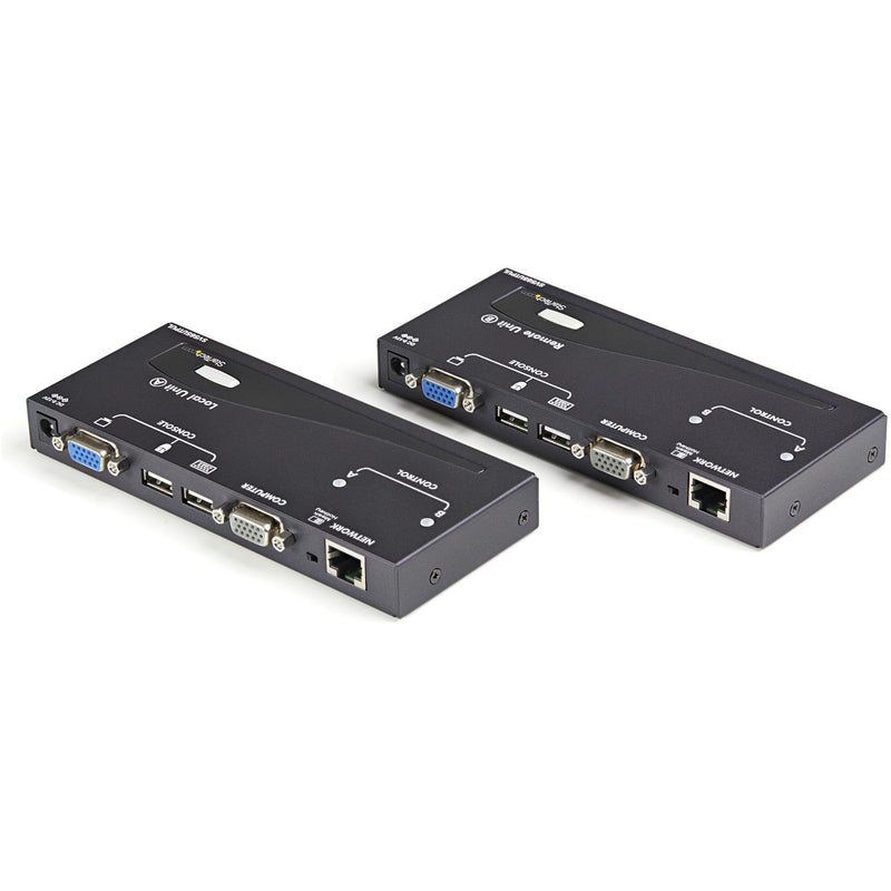 Angled view of StarTech.com KVM extender units showing port layout and compact design