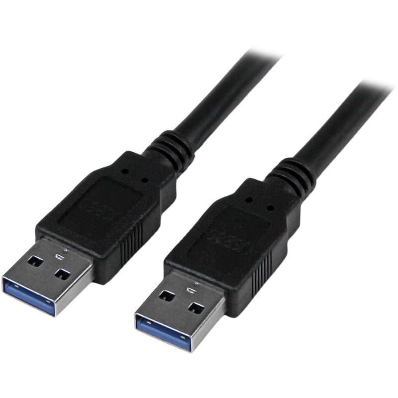 Close-up view of StarTech.com USB 3.0 Type-A male connectors with blue internal ports and black cable