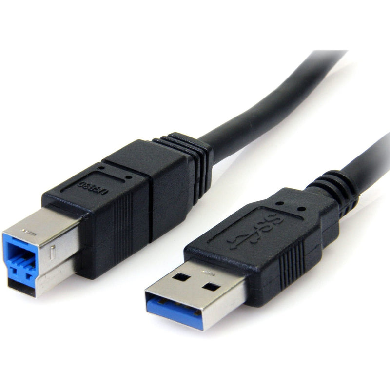 Close-up view of USB 3.0 Type A and Type B connectors showing blue internal components and black molded housing