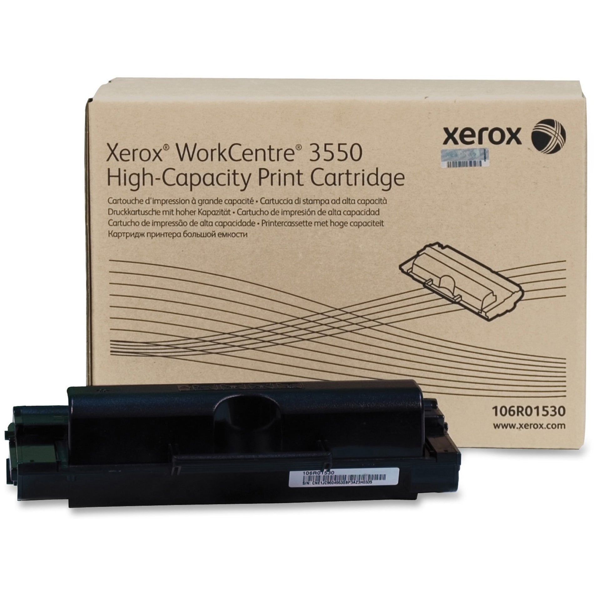 Xerox WorkCentre 3550 high-capacity black toner cartridge with retail packaging showing product specifications in multiple languages-alternate-image1