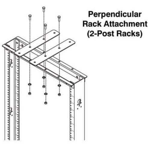 Technical diagram illustrating perpendicular mounting configuration for 2-post racks