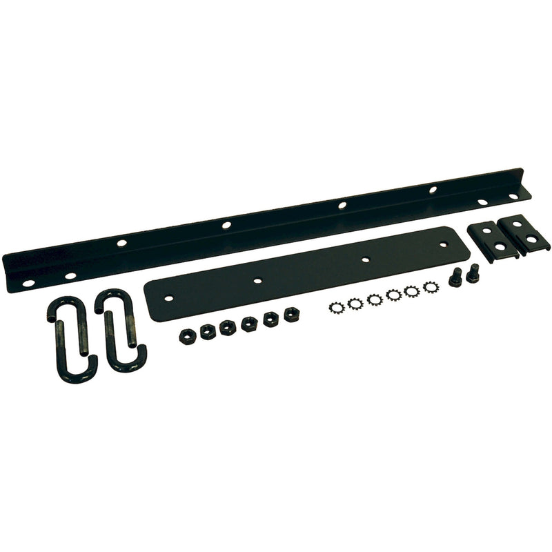 Complete hardware kit for Tripp Lite SRLADDERATTACH mounting bracket showing brackets, U-bolts, nuts and washers laid out