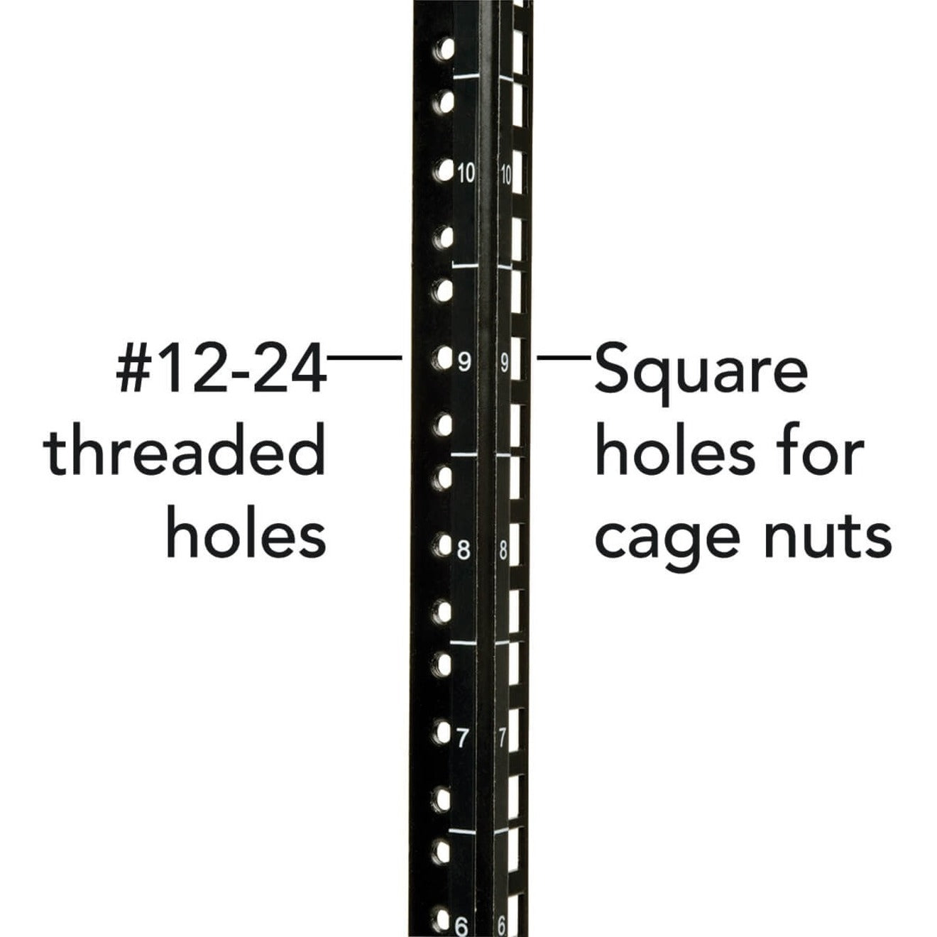 Close-up of mounting rail showing square holes and threaded holes with rack unit numbers-alternate-image6