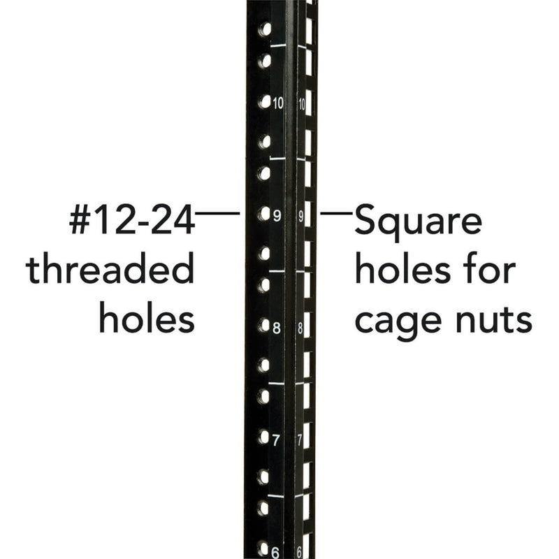 Close-up of mounting rail showing square holes and threaded holes with rack unit numbers