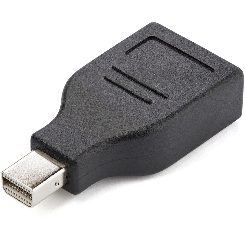 Close-up view of StarTech.com Mini DisplayPort male connector with black housing and nickel-plated contacts