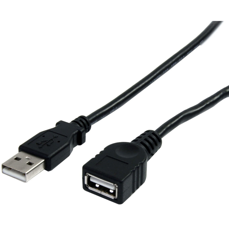 StarTech.com 3ft black USB 2.0 extension cable showing male USB-A connector and female port ends