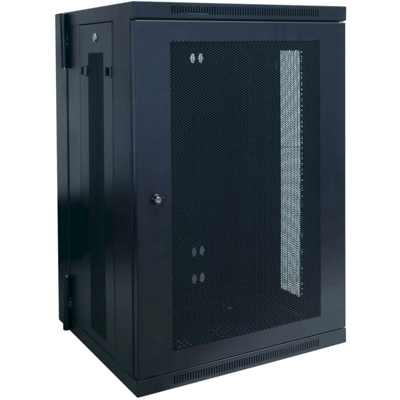 Front view of Tripp Lite SRW18US wall-mount server cabinet showing mesh ventilated door and side panels