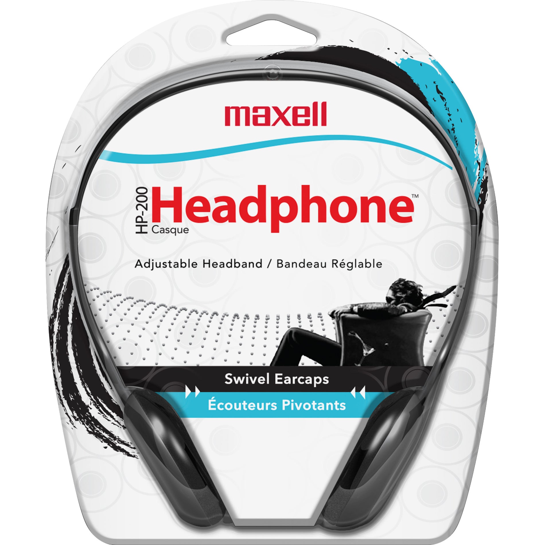 Maxell HP-200 headphones retail packaging showing product features and swivel earcaps functionality-alternate-image2