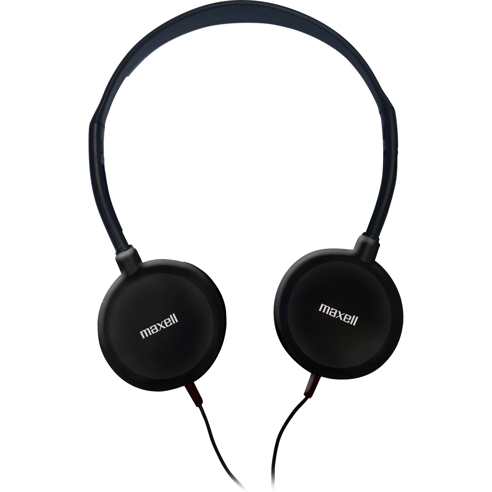 Front view of Maxell HP-200 black stereo headphones with adjustable headband and round ear cups-alternate-image1