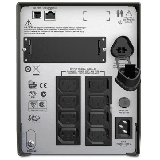 Rear panel view of APC Smart-UPS SMT1000I showing power outlets and connectivity ports-alternate-image3