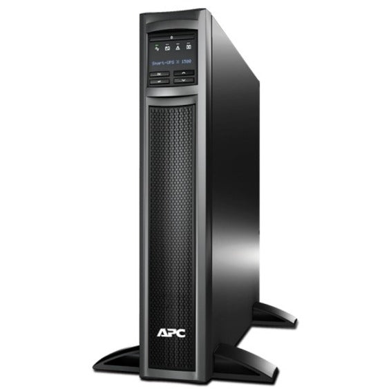 Front view of APC Smart-UPS in tower orientation with LCD display and ventilated front panel