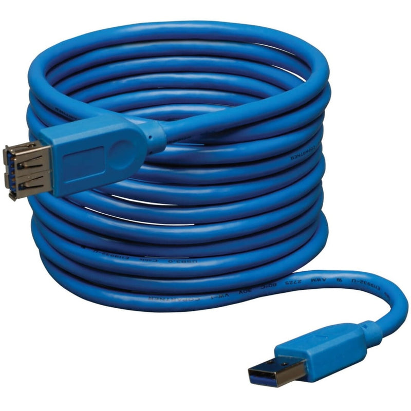 Full length view of coiled blue USB 3.0 extension cable showing 10-foot reach