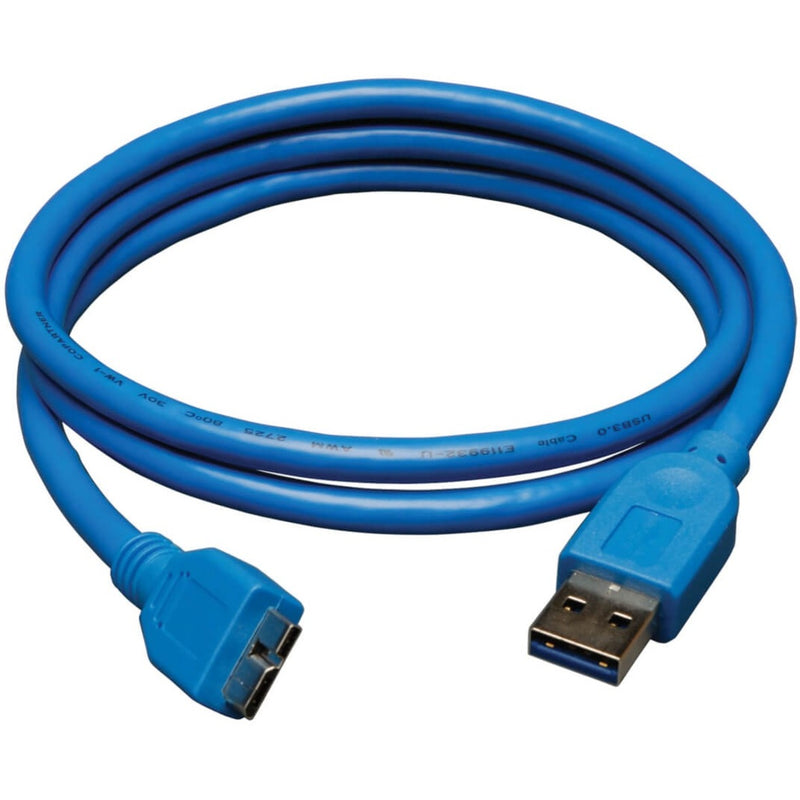 Blue USB 3.0 cable with Type-A to Micro-B connectors shown in coiled position