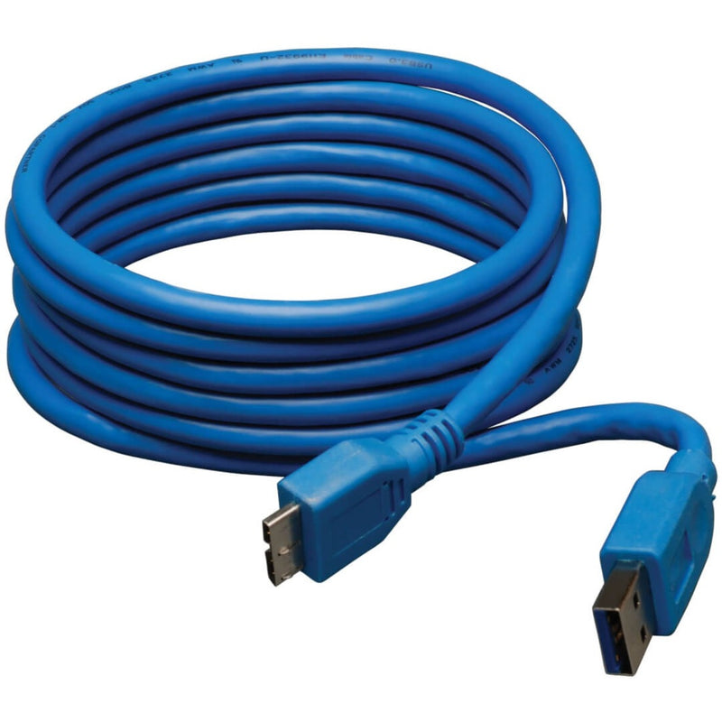 Blue USB 3.0 Type-A to Micro-B cable coiled showing full 6-foot length