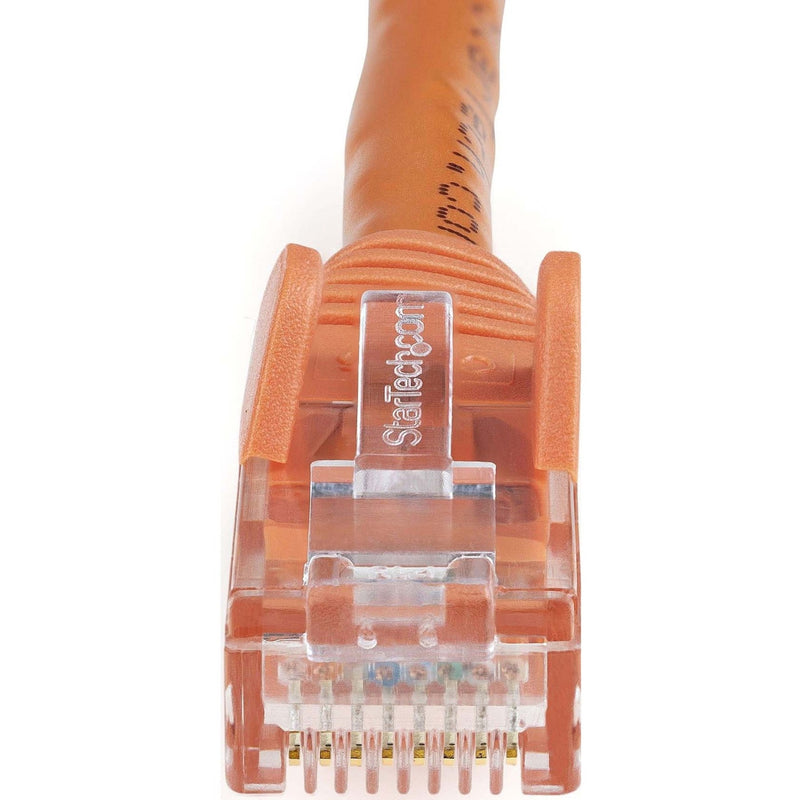 Detailed macro shot of orange Cat6 cable snagless boot and connector design