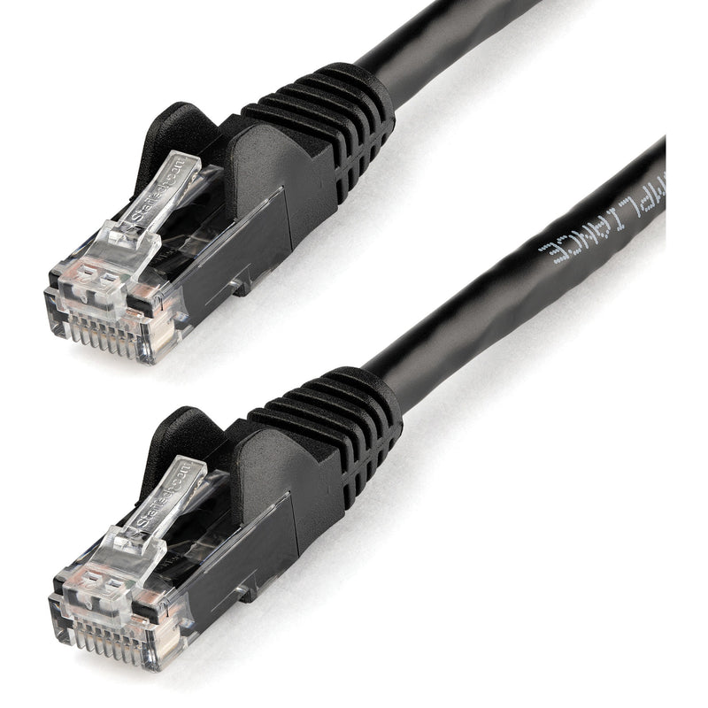 Close-up view of gold-plated RJ45 connectors on black Cat6 ethernet cable showing snagless design and transparent housing