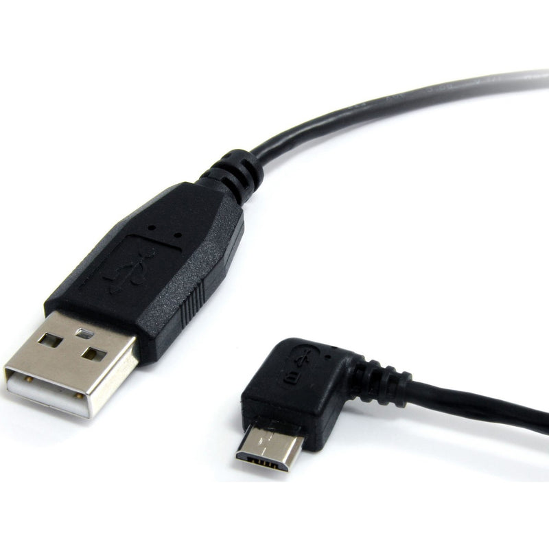 StarTech USB-A to left-angle Micro USB cable showing both connectors with strain relief design