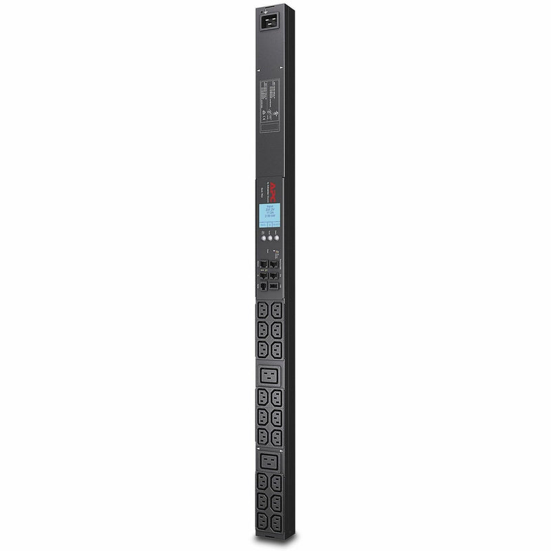 Front view of APC AP8858 Metered Rack PDU showing 20 outlets, digital display interface, and network management ports