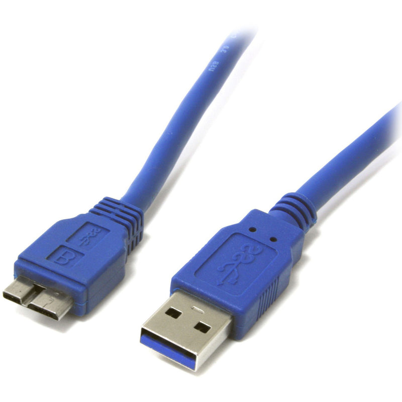 Close-up view of StarTech.com USB 3.0 Type-A and Micro-B connector ends with blue cable housing